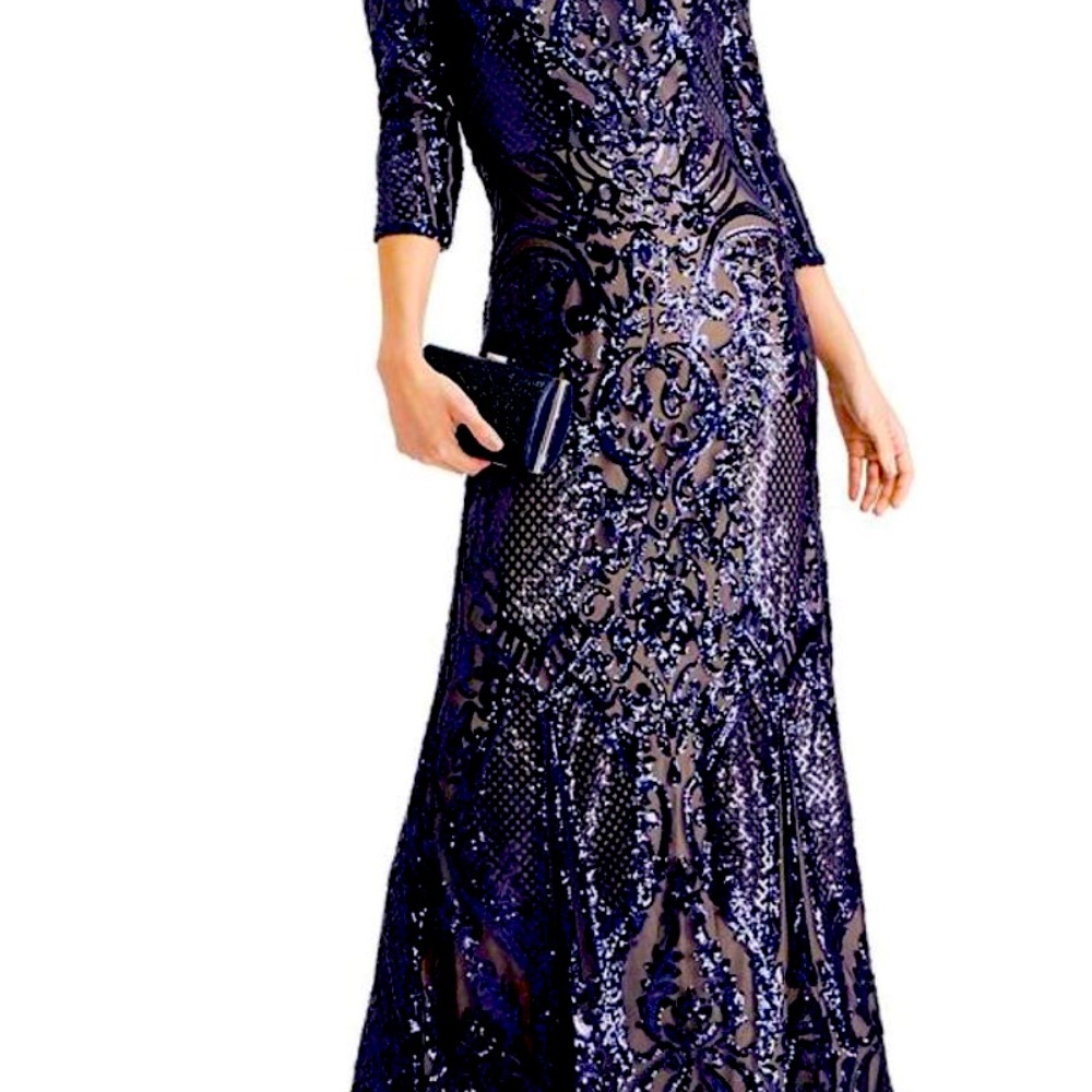 Alex Evenings Womens Navy Lace Long Gown Evening Dress NWT